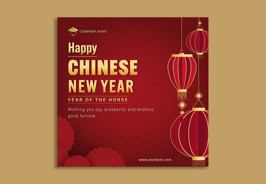 Editable Happy Chinese New Year 2026 Greeting Card Post in Red and Golden Color Design for Year of the Horse Celebration.