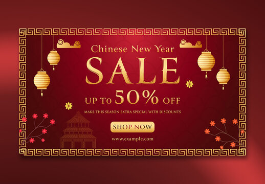 Editable Chinese New Year Sale TV Ads Banner with Golden Lamps Hang and 50 Percent Discount Offer on Dark Red Background.