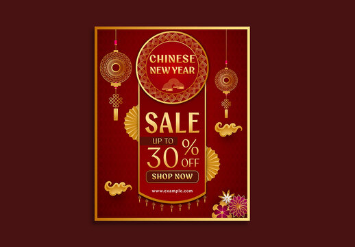 Editable Chinese New Year Sale Post Template with 30 Percent Discount Offer and Festival Elements in Red and Golden Color Design.