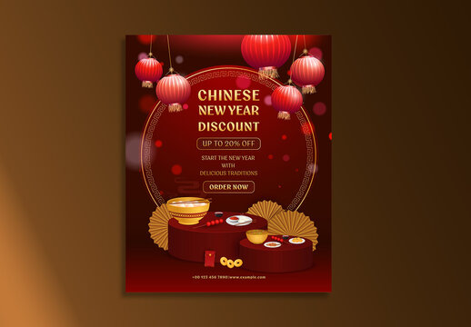 Editable Chinese New Year Sale Post Template with 20 Percent Discount Offer and Festival Elements on Red Background.
