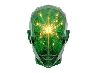 Isolated green geometric head with glowing orb, conceptual mind, intelligence, and thoughts