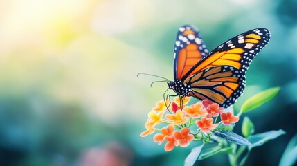 Fototapeta premium Orange Butterfly on Flower in Soft Sunlight