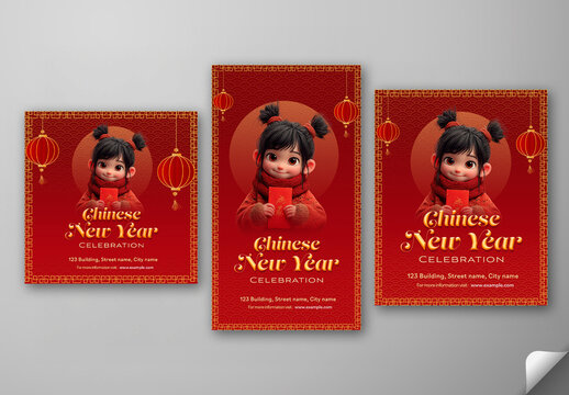 Editable Happy Chinese New Year Celebration Social Media Post Template Set with Chinese Girl Holding Envelope in Red and Golden Color Design.
