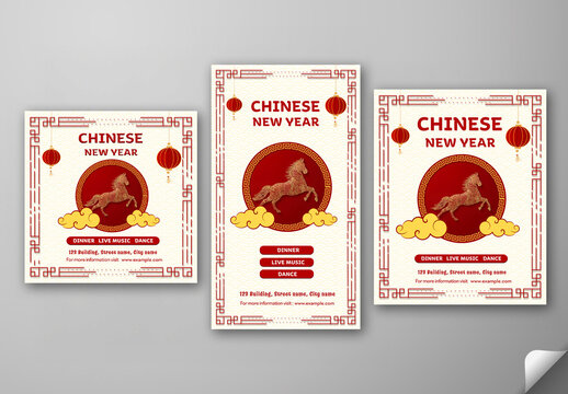 Editable 2026 Chinese New Year Party Social Media Post Template Set in White and Red Color for Year of the Horse Celebration.