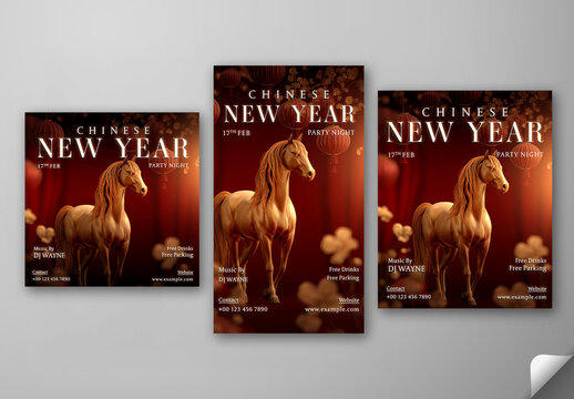 Editable 2026 Chinese New Year Party Social Media Post Template Set in Golden and Red Color for Year of the Horse Celebration.