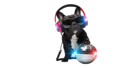 Stylish Black French Bulldog Dog Wearing Red Headphones and Sunglasses with Disco Ball Isolated