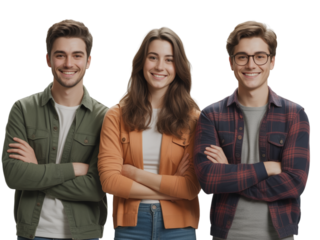 Confident Trio of University Students Standing Together, Smiling, Front View, Isolated on Transparent Background.png
