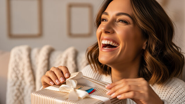 Laughing woman unwrapping birthday present in cozy living room with candles