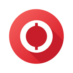 Red circle with white doughnut shape featuring two vertical lines icon