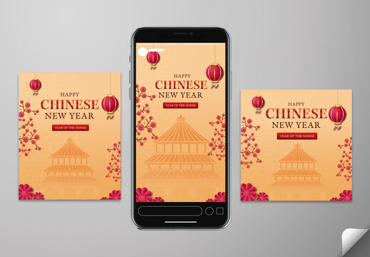 Editable Happy Chinese New Year 2026 Social Media Post and Story Template Set with Smartphone Mockup for Year of the Horse Celebration.