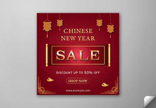 Editable Chinese New Year Sale Social Media Post with Fifty Percent Discount Offer in Red and Golden Color Design.