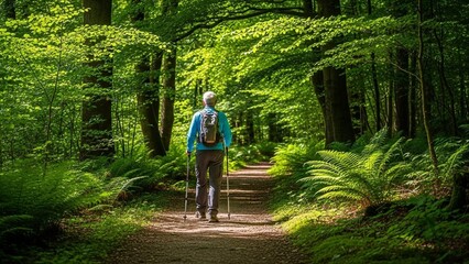 elderly man hiking on forest trail with walking sticks