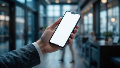 Person holding smartphone inside modern cafe with people in background Generative AI