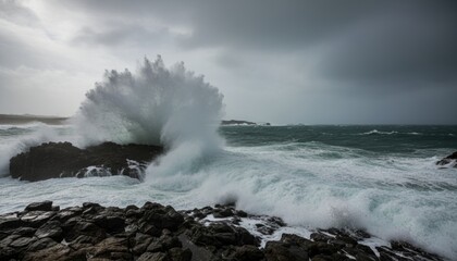 Obraz premium Dramatic Ocean Waves Crash Against Rocky Shore Under Dark Storm Clouds