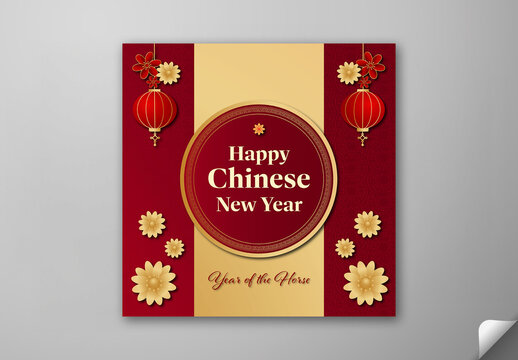 Editable Happy Chinese New Year 2026 Greeting Card Post in Red and Golden Color Design for Year of the Horse Celebration.