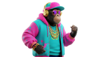 Chimpanzee Character in Retro 80s Hip Hop Fashion with Gold Chains and Sunglasses