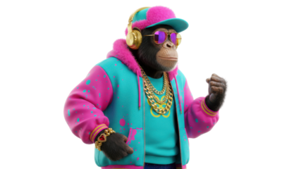 Chimpanzee Character in Retro 80s Hip Hop Fashion with Gold Chains and Sunglasses