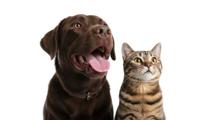 Adorable Brown Labrador Dog and Tabby Cat Together Isolated on White Background