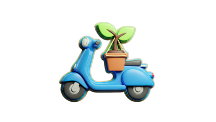 Blue Scooter Carrying Plant in Pot on White Background