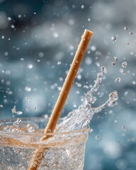 Environmental Impact Concept - Close-up of a Paper Straw Degrading in Beverage, Sustainable Alternatives Illustration.
