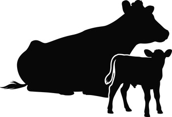 Silhouette of a cow and calf standing together in a rural farm field, representing motherhood, nurturing, and livestock farming lifestyle
