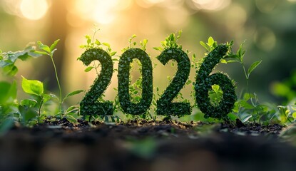 Year 2026 numbers formed by lush green plants growing from soil with soft sunlight new year growth