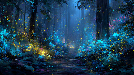 Fototapeta premium Magical Forest at Night with Fireflies and Blue Glow