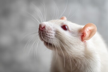 Intimate close-up of a white rat's face showing fur texture, whiskers, and expressive eyes in a minimalist scene