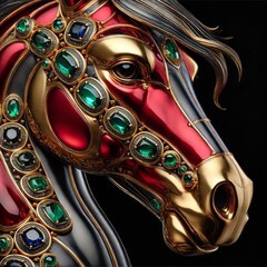 Gold Horse. lunar New year Zodiac Sign. Jewelry Glowing Treasure. Amazing Glamour Mascot. Decoration for Art Deco Party Card Invitation. Rich Luxury Diamond Brilliant Animal Brooch Portrait	