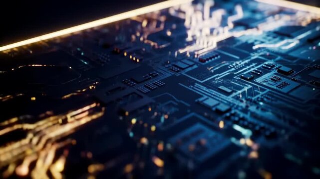 Abstract glowing circuit board closeup, technology background concept