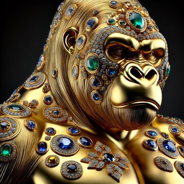 Gold Monkey. Jewelry Glowing Treasure. Amazing Glamour Mascot. Decoration for Art Deco Party Card Invitation. Rich Luxury Glowing Shiny Diamond Brilliant Animal Stone Brooch Portrait	