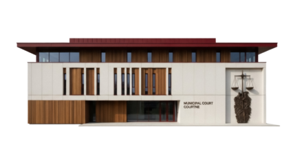 Isolated modern Municipal Court building exterior facade in daylight, courthouse structure