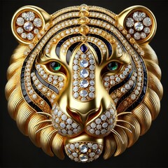 Gold Tiger. lunar New year Zodiac Sign. Jewelry Glowing Treasure. Amazing Glamour Mascot. Decoration for Art Deco Party Card Invitation. Rich Luxury Diamond Brilliant Animal Brooch Portrait	
