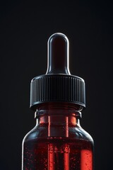 Small bottle filled with dark liquid, possibly oil or medicine, with droplets and water spots on its side.