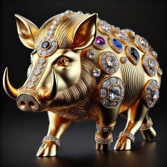 Gold Wild Boar. Jewelry Glowing Treasure. Amazing Glamour Mascot. Decoration for Art Deco Party Card Invitation. Rich Luxury Glowing Shiny Diamond Brilliant Animal Stone Brooch Portrait