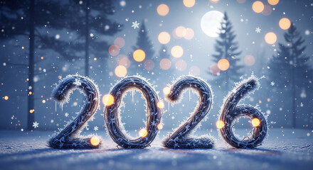 Frosty 2026 New Year winter scene with snowy trees and bokeh lights