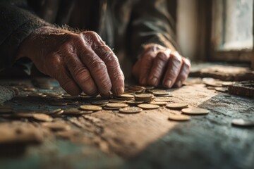 Intimate portrait of aging hands with coins on a wooden table, symbolizing poverty