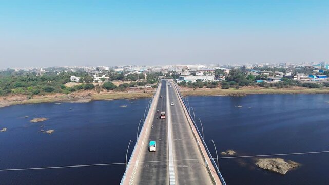 Diu, Gujarat, INDIA- 29th January 2025. Aerial view showing  Dr Shamji Bridge. This bridge connects state of Gujarat to Union Territory of Diu Daman. Vehicles are passing from both ends.