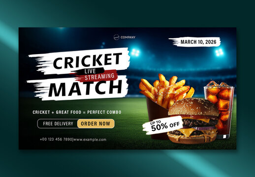 Editable Live Streaming Cricket Match TV Ads Banner with Half Price Offer on Fast Food and Drink Combo on Stadium Background.
