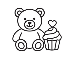 Cute Teddy Bear with Heart Cupcake Line Art