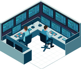 Isometric Security and Network Operations Center (NOC) with Analysts Monitoring Multiple Display Screens