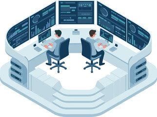 Isometric Security and Operations Control Room with Two Analysts Monitoring Multiple Data Screens