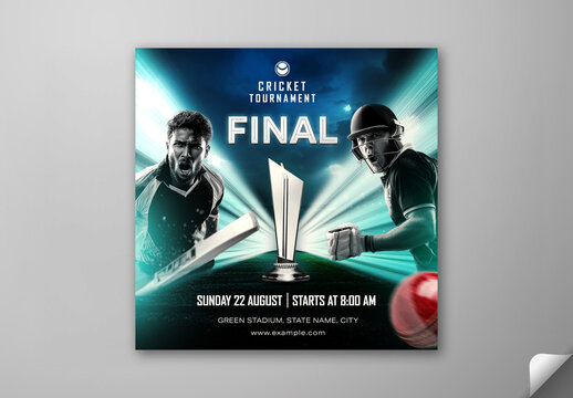 Editable Cricket Tournament Final Match Social Media Post Template with Silver Trophy and Competing Player Characters on Stadium Light Effect Background.