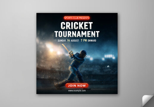 Editable Cricket Tournament Match Social Media Post Template with Cricket Batter Player in Action on Stadium Background.