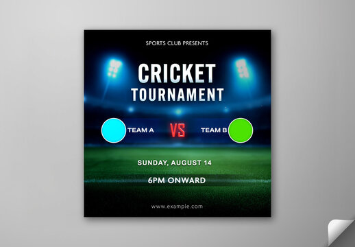 Editable Cricket Tournament Match Social Media Post Template with Team A vs Team B Schedule and Stadium Lights Background.