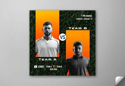 Editable Cricket Semi Final Match Social Media Post Template with Team A vs Team B Player Portraits and Grass Field Background.