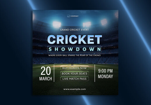 Editable Cricket Showdown Match Social Media Post Template with Grand Stadium Lights Background and Event Schedule.