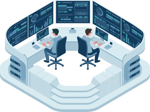 Isometric Security and Operations Control Room with Two Analysts Monitoring Multiple Data Screens