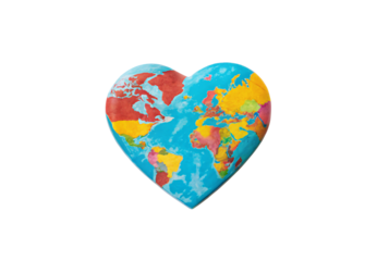 Colorful heart-shaped world map showing all continents, isolated on a transparent background