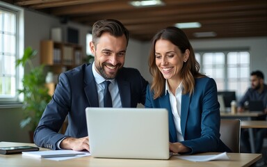 Professional business people, two happy business man and woman executives partners team working together checking corporate results standing in company office using laptop looking at camera. Portrait